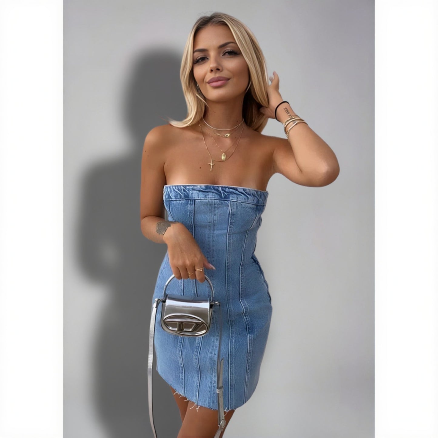 VALORA™ | Strapless Denim Jurk Met Rits